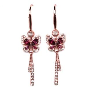 Natural Pink Garnet Butterfly Dangle earrings. Rose Gold over Sterling Silver.